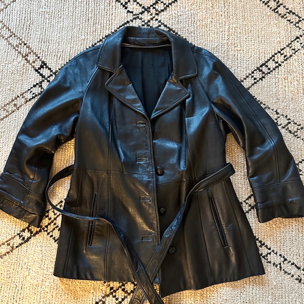 Vintage Black Leather Jacket with Tie